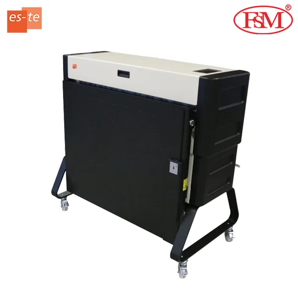 White and black Estefold 3000 document folding machine in compact mode, ready for transport with wheels