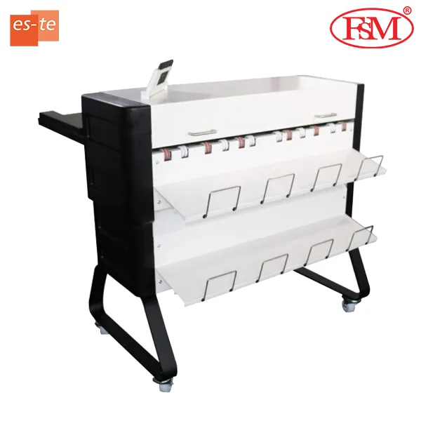 White and black Estefold 3000 document folding machine from rear/side view, showing output trays for folded documents