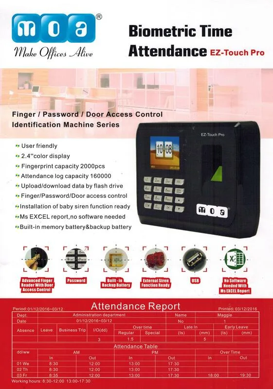 Fingerprint Time Attendance Recorder Thumb Print Machine MOA EZ Touch Pro