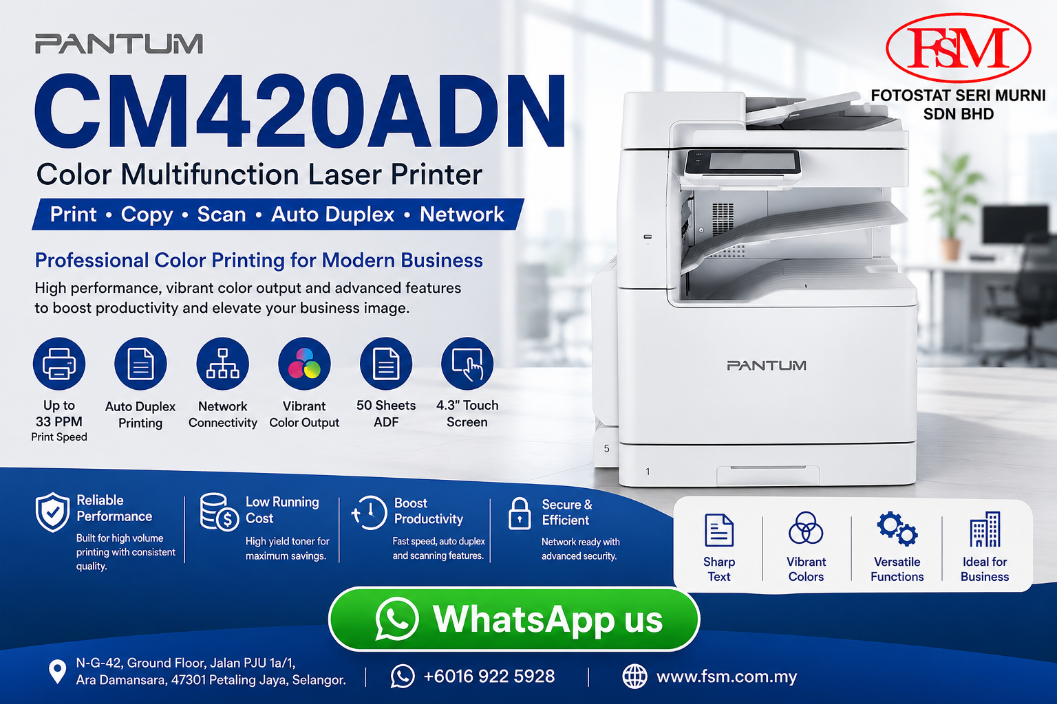 Pantum CM420ADN A3 Color Laser Multifunction Printer - Fotostat Seri Murni