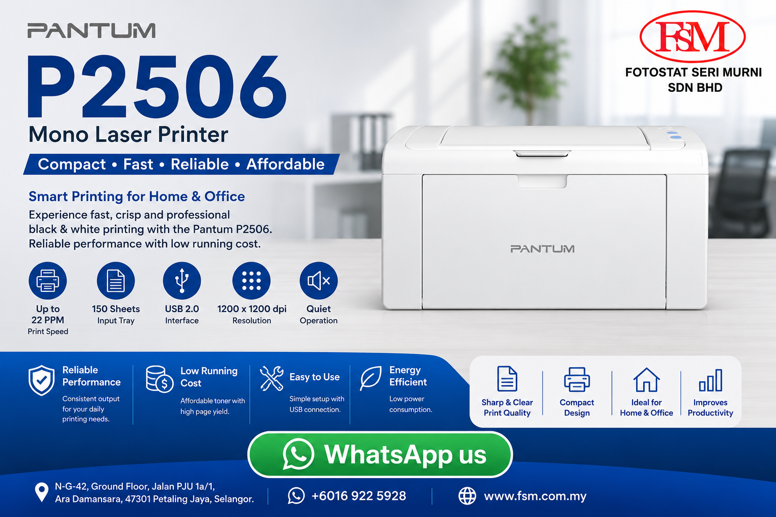 Pantum P2506 Compact Monochrome USB Laser Printer - Fotostat Seri Murni