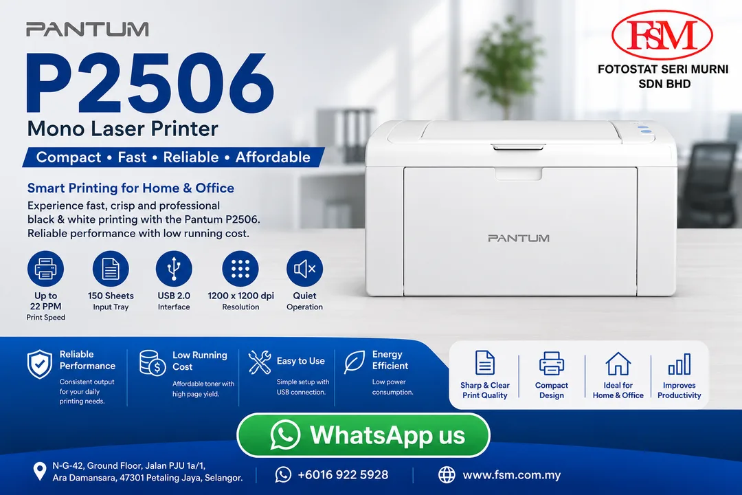 Pantum P2506 Compact Monochrome USB Laser Printer - Fotostat Seri Murni