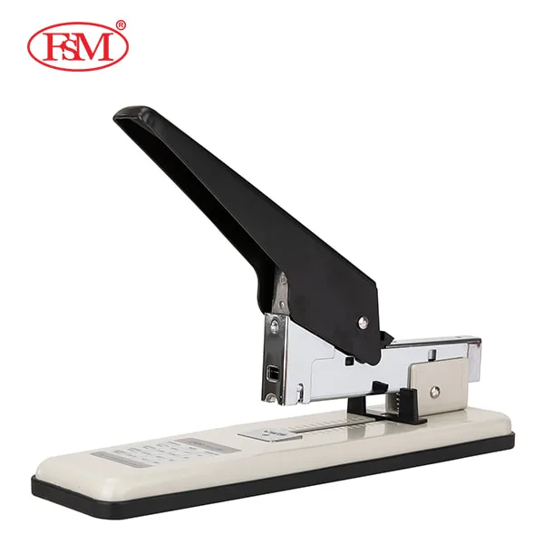 A front-facing view of the Deli E0394 heavy-duty stapler, designed for binding large stacks of paper