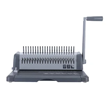  A close-up shot of the Deli E3873 spiral binding machine, featuring a two-tone gray and black plastic body. 
