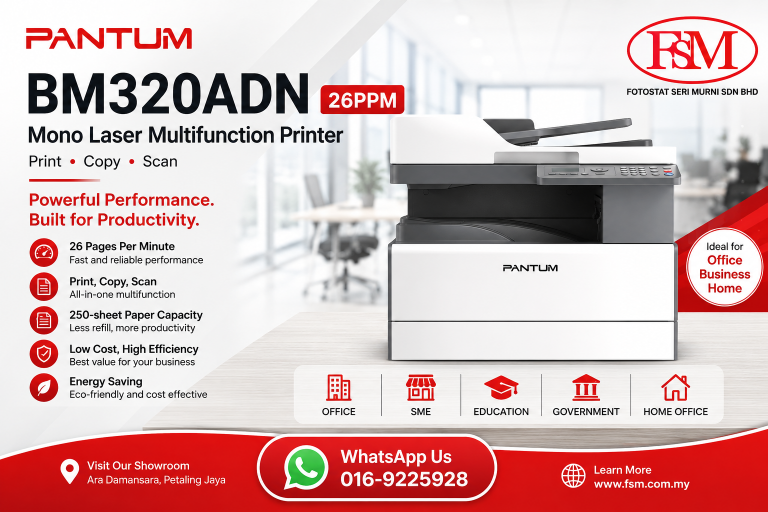 Pantum BM320ADN A3 Mono Laser Multifunction Printer displaying RADF and multi-tray layout