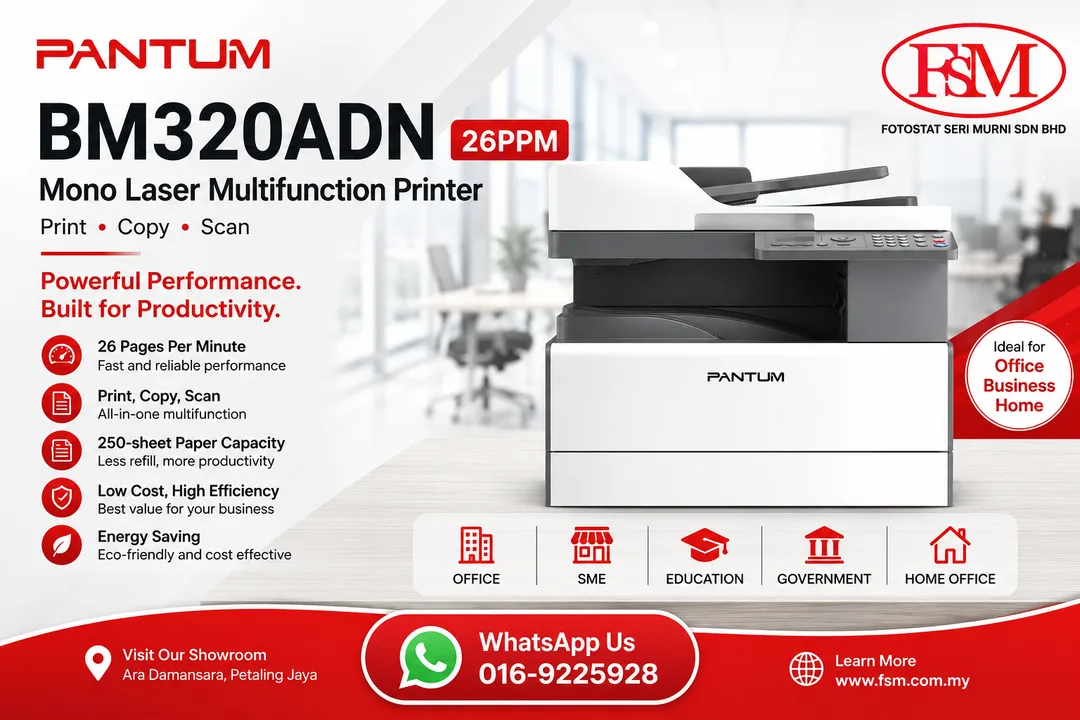 Pantum BM320ADN A3 Mono Laser Multifunction Printer displaying RADF and multi-tray layout