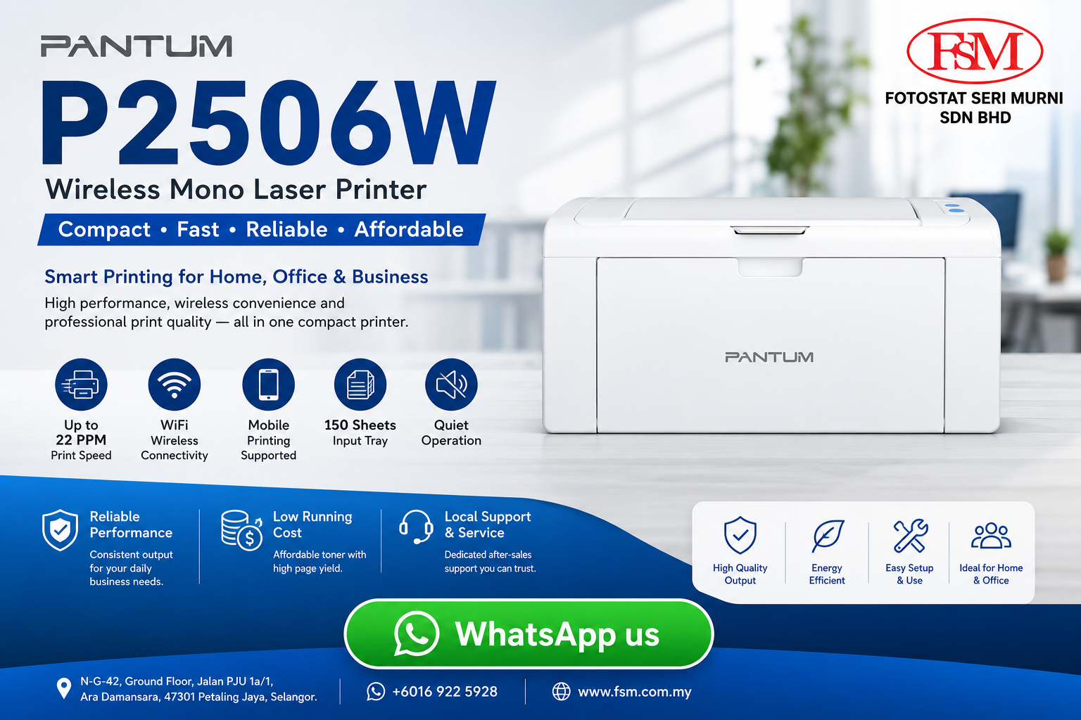 Pantum P2506W Compact Wireless Monochrome Laser Printer - Fotostat Seri Murni