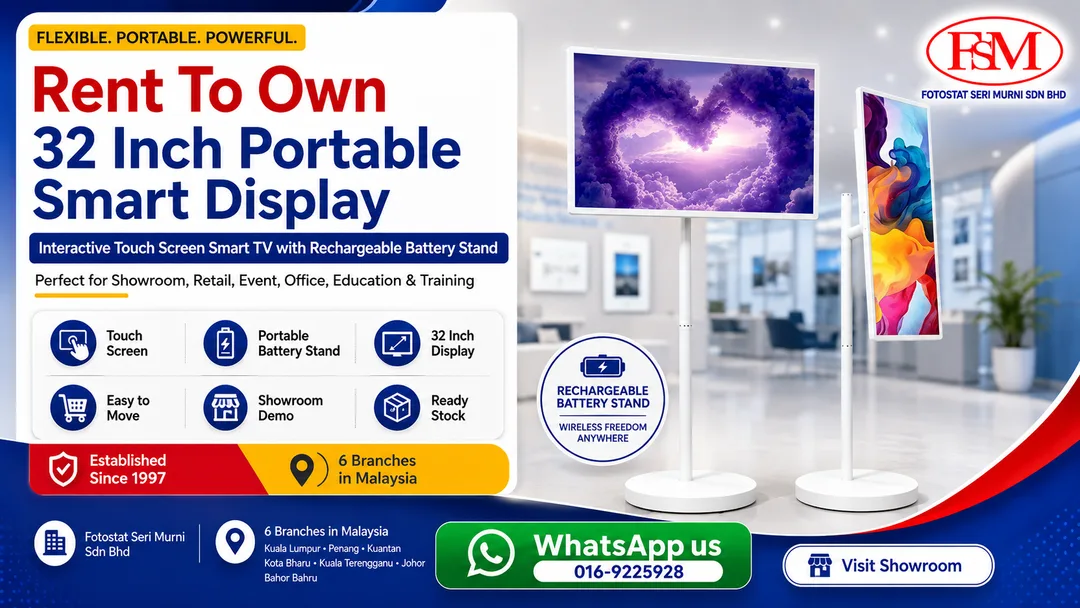 Rent to own 32 inch portable smart display interactive touch screen Smart TV with rechargeable battery stand in Kuala Lumpur by Fotostat Seri Murni Sdn Bhd
