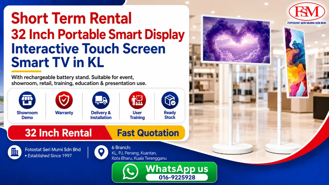 Short term rental 32 inch portable smart display interactive touch screen Smart TV with rechargeable battery stand in Kuala Lumpur by Fotostat Seri Murni Sdn Bhd