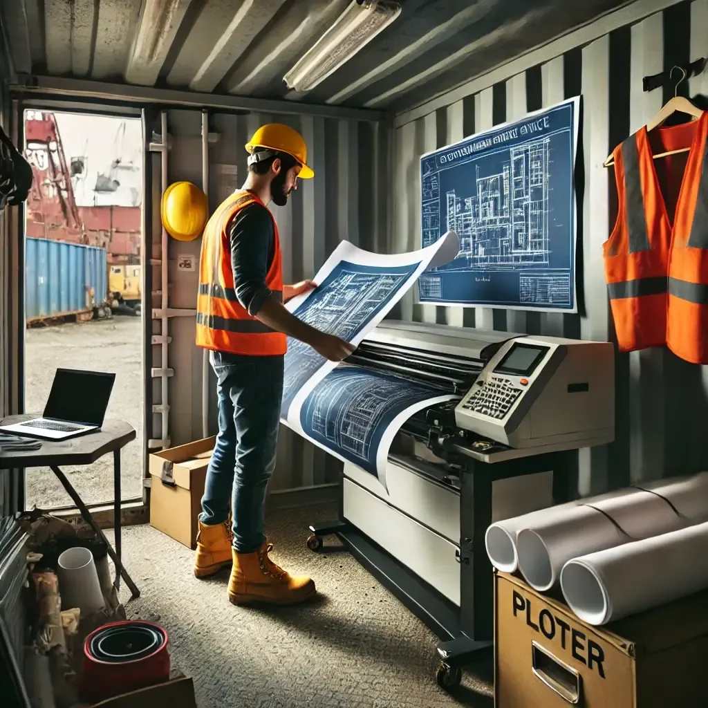 Engineer using rented HP plotter printer at a construction site in Malaysia